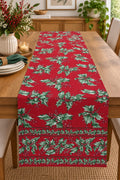 Red Holly Berry Christmas Hand Block Canvas Cotton Table Runner - Table Runner - ChapaSsyahii