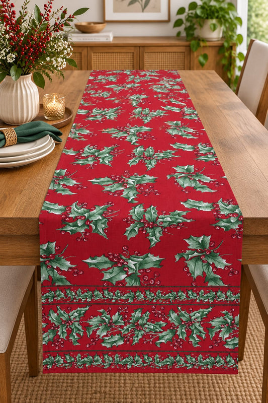 Red Holly Berry Christmas Hand Block Canvas Cotton Table Runner - Table Runner - ChapaSsyahii