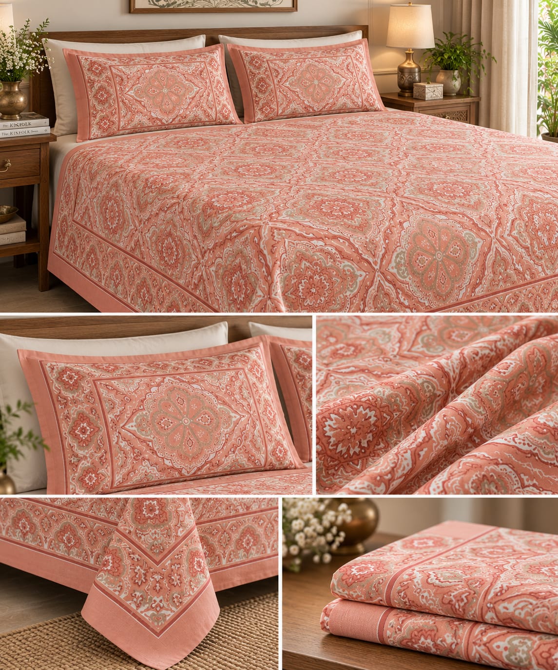 Coral Medallion Trellis Cotton King Size Bedsheet Set