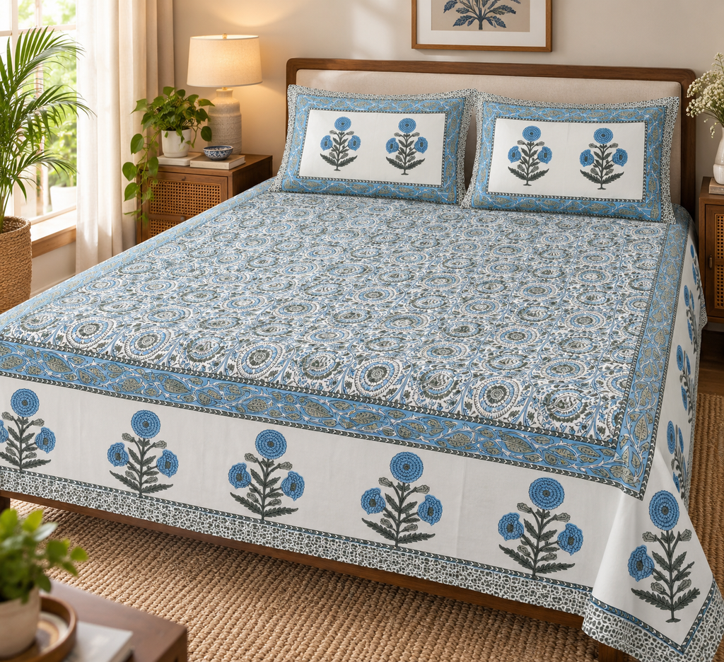 Blue Sunburst Medallion Cotton King Size Bedsheet Set - ChapaSSyahii