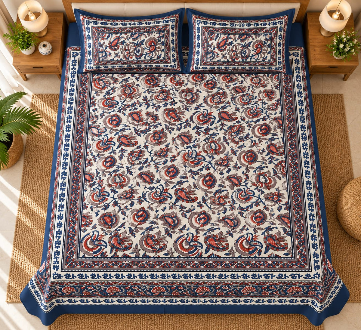 Navy Red Paisley Bloom bedsheet top view