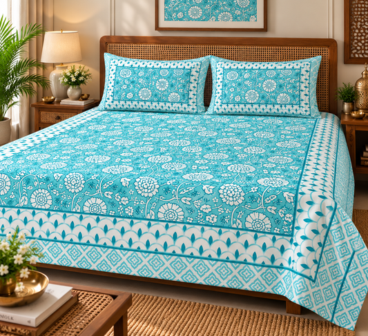 Turquoise Medallion Bloom Cotton King Size Bedsheet Set with 2 Pillow Covers | 100% Cotton | 225x275 cm | ChapaSSyahii