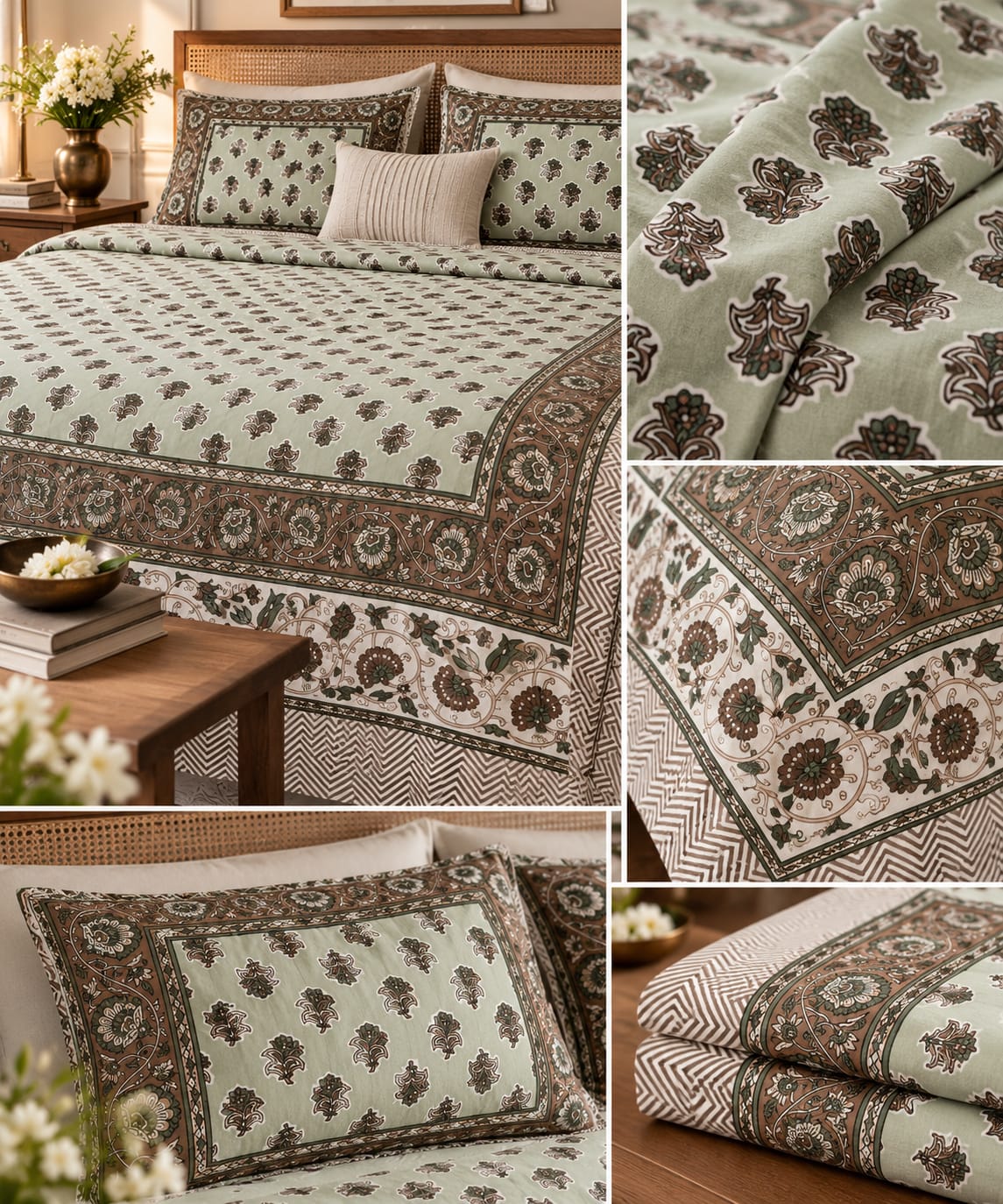 Sage Ditsy Floral Cotton King Size Bedsheet Set
