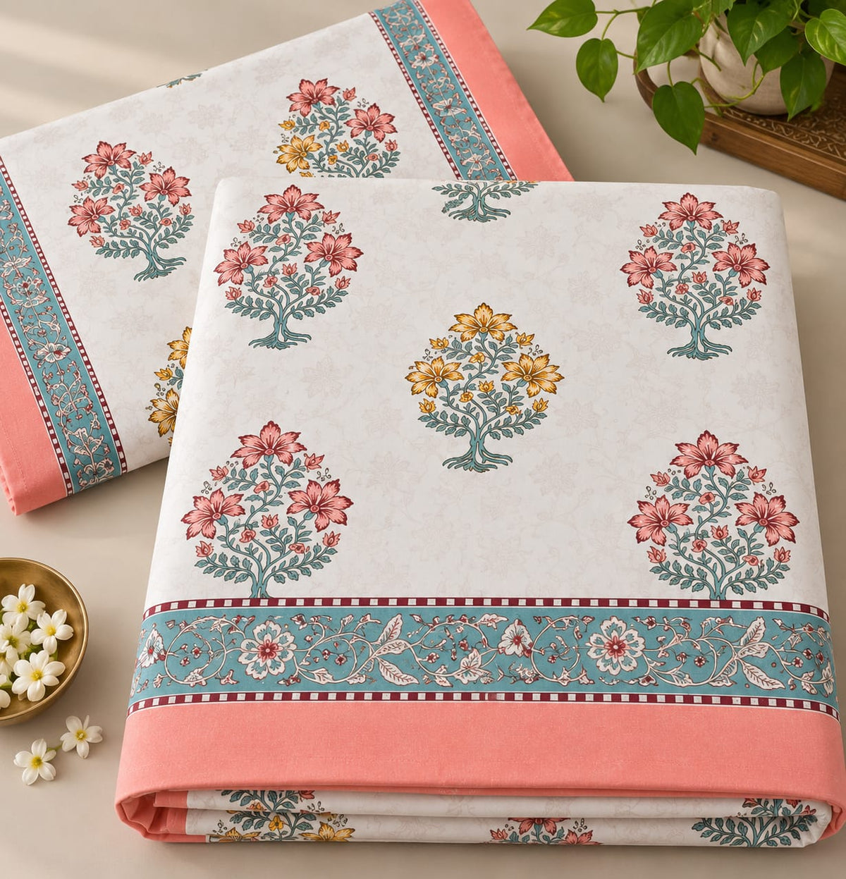 Coral Teal Floral Buta Handblock Cotton Super King Bedsheet folded set