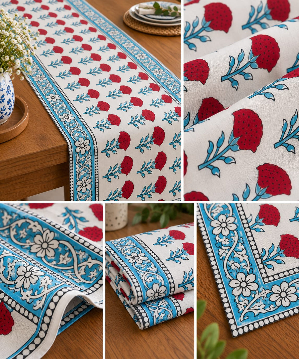 Ivory Red Carnation Hand Block Canvas Cotton Table Runner - Table Runner - ChapaSsyahii