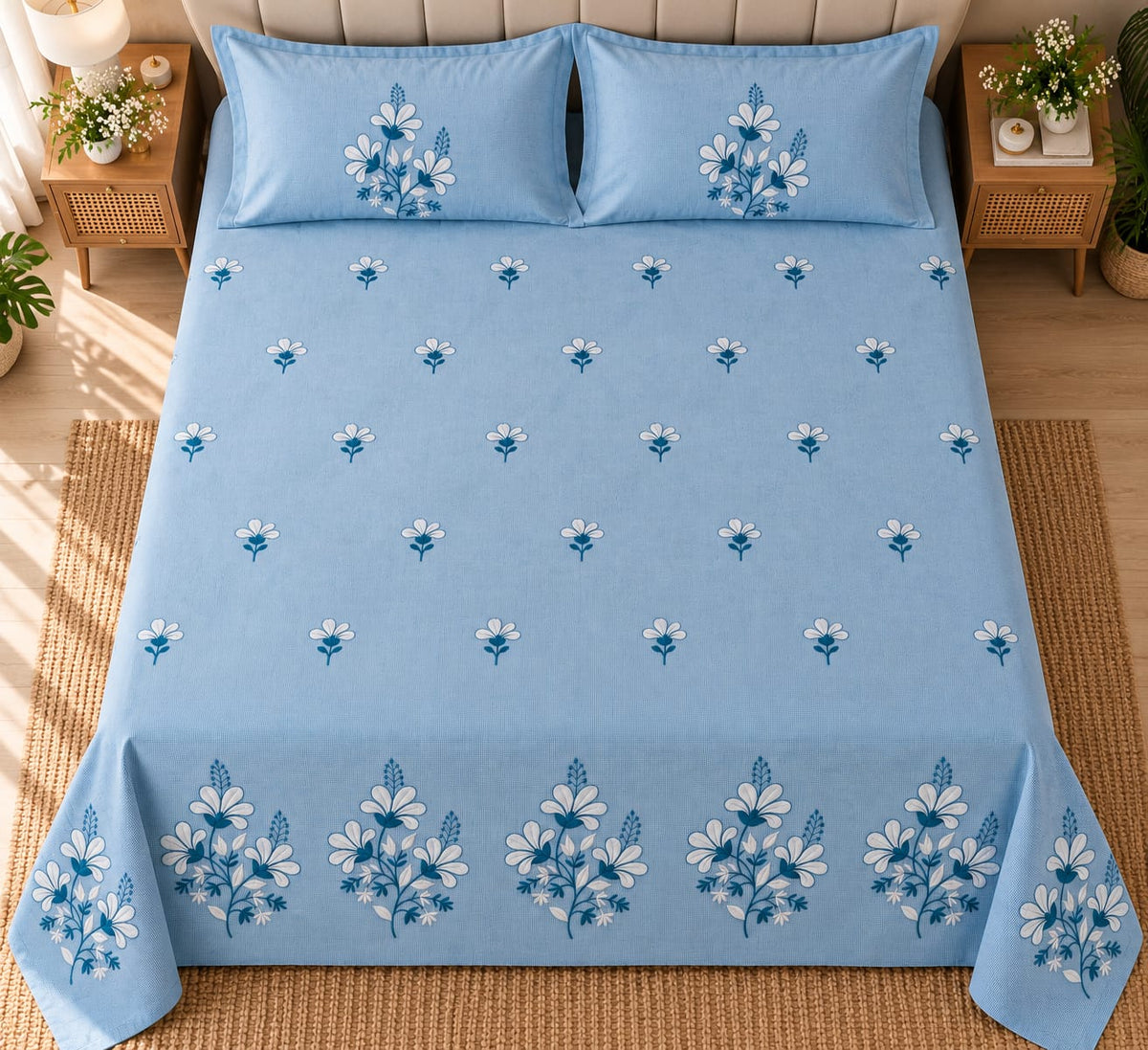 Santorini Sky Blossom bedsheet top view