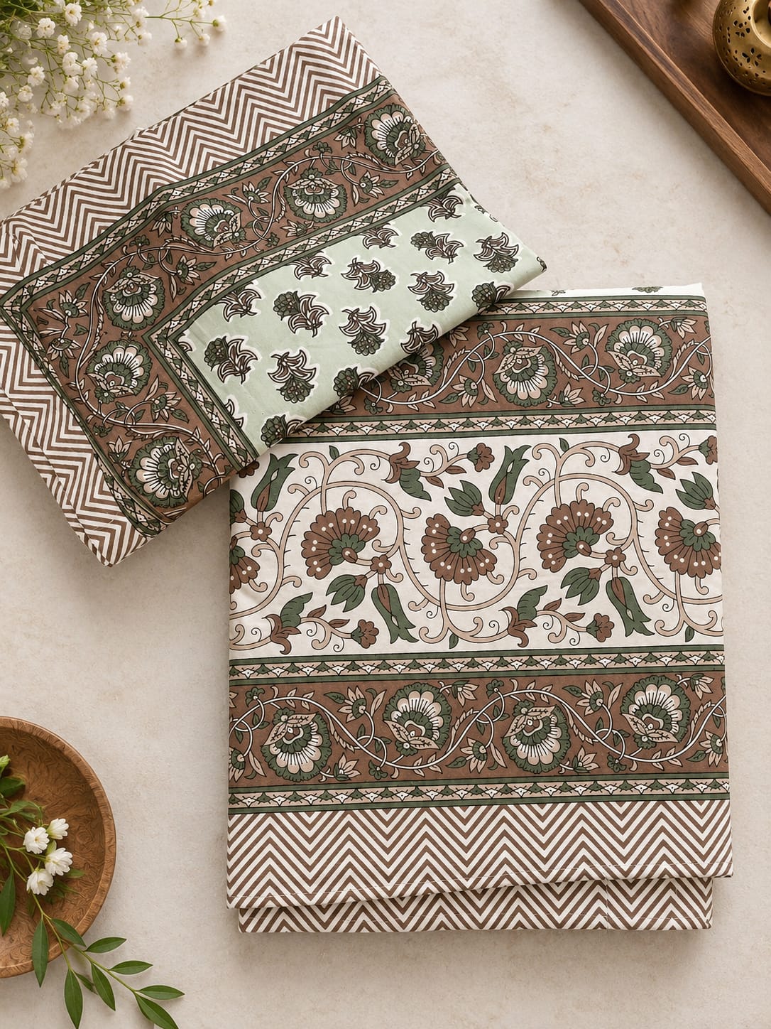 Sage Ditsy Floral Cotton King Size Bedsheet Set