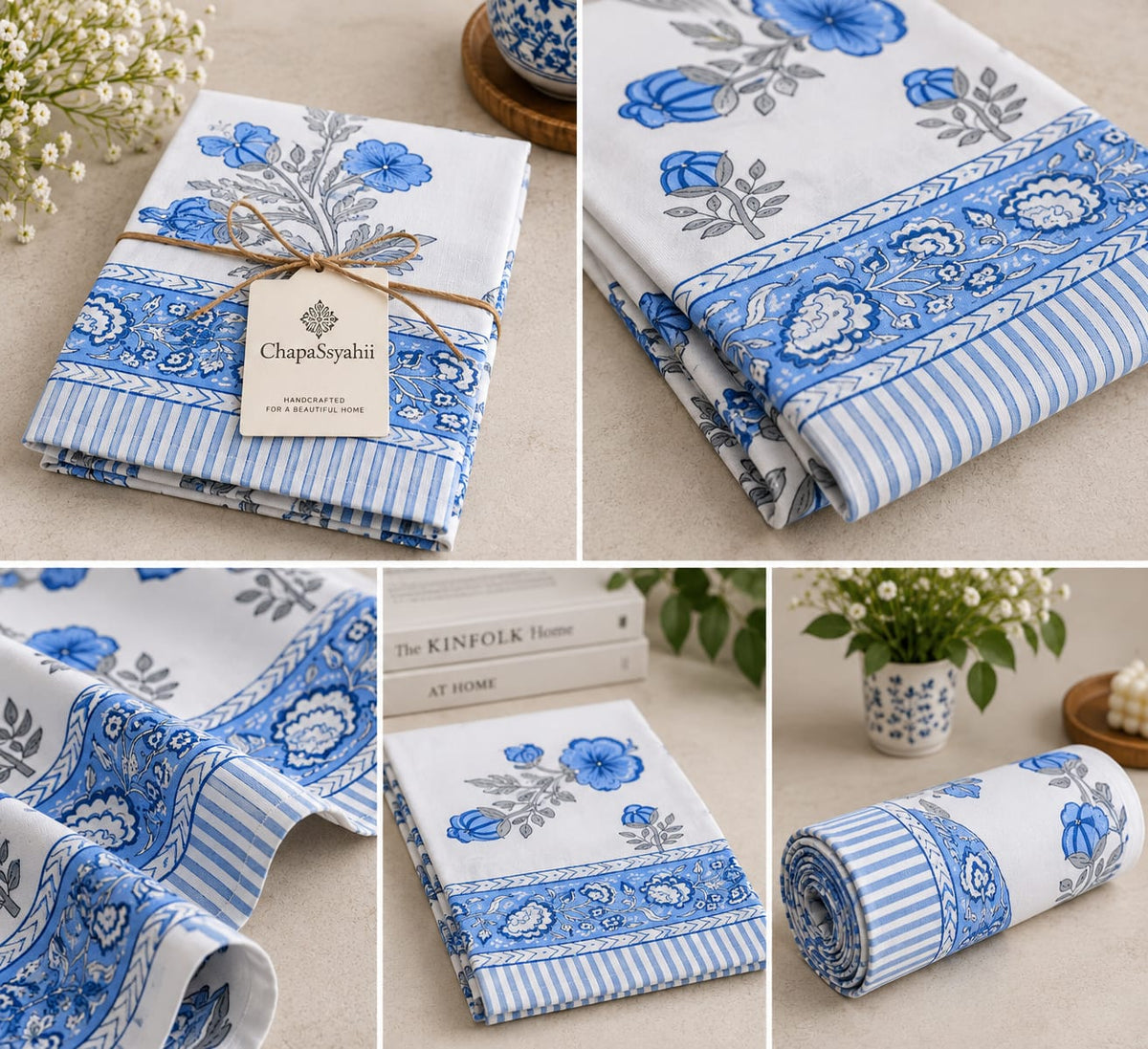 Ivory Blue Carnation Ditsy Hand Block Canvas Cotton Table Runner - Table Runner - ChapaSsyahii