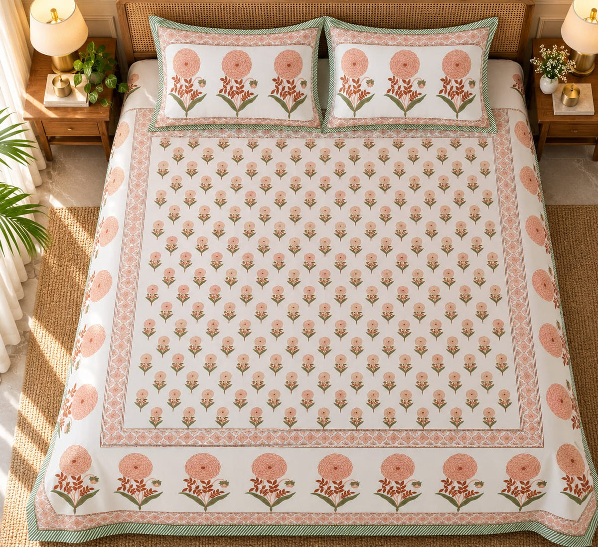 Peach Genda Heritage Border 210 TC Cotton Bedsheet by ChapaSSyahii