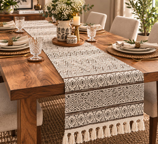Mocha Aztec Tribal Hand Block Jute Table Runner - Table Runner - ChapaSsyahii