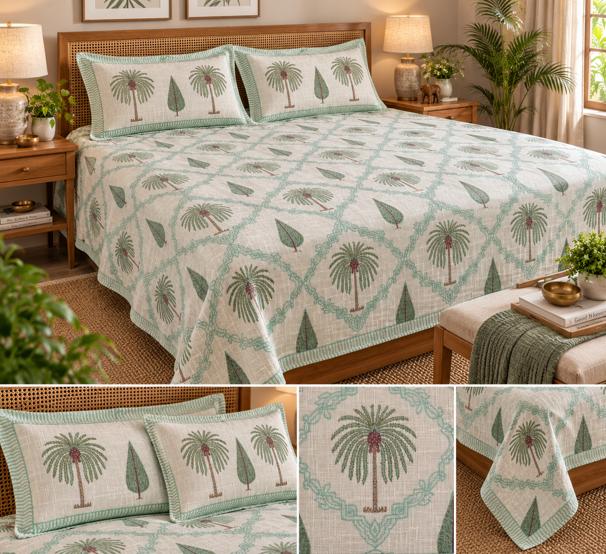 Palm Trellis bedcover on king bed with pillow and trellis print close-ups