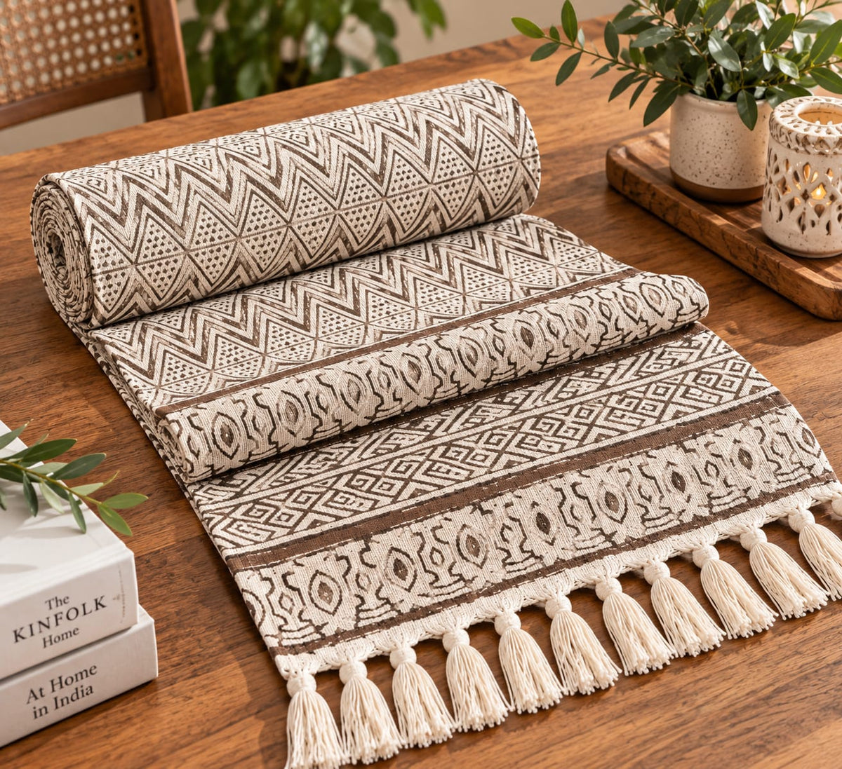 Mocha Aztec Tribal Hand Block Jute Table Runner - Table Runner - ChapaSsyahii