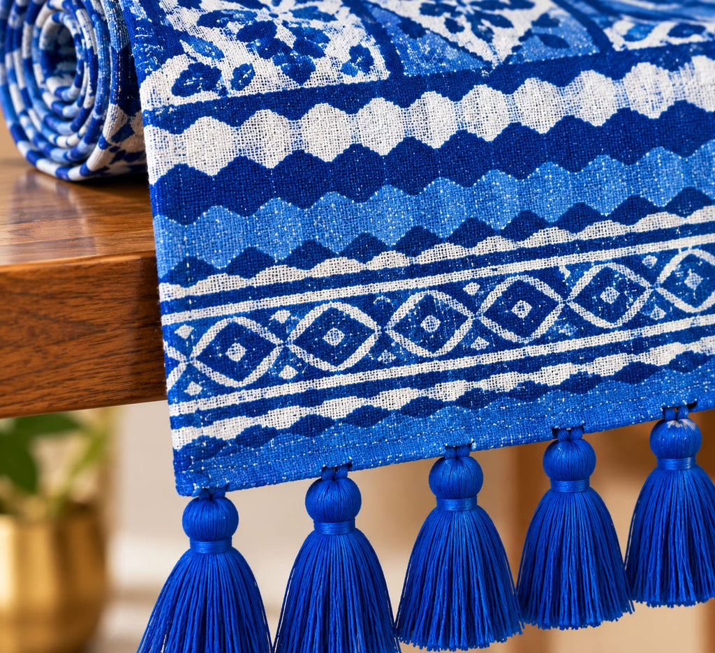 Blue Diamond Floral Trellis Hand Block Jute Table Runner - Table Runner - ChapaSsyahii