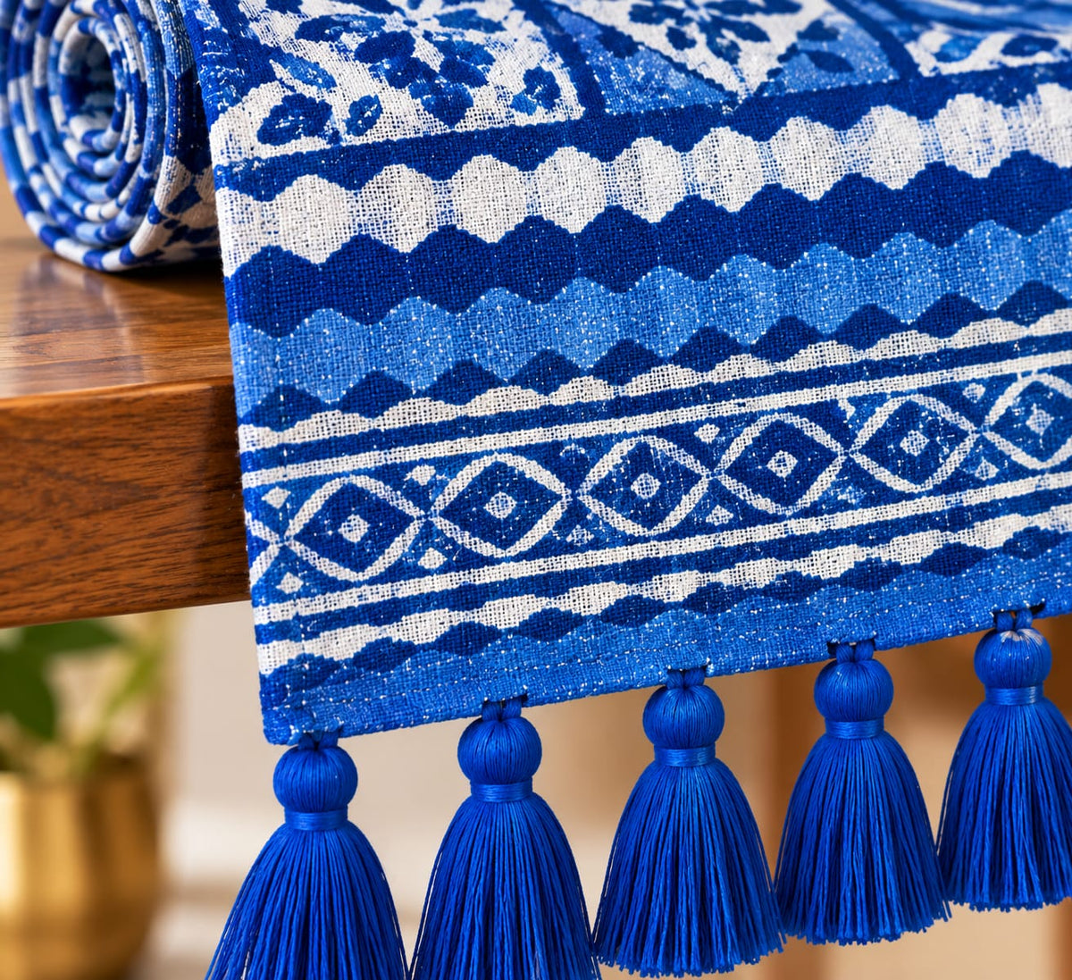 Blue Diamond Floral Trellis Hand Block Jute Table Runner - Table Runner - ChapaSsyahii