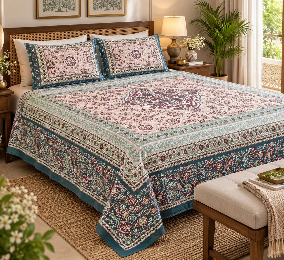 Peacock Medallion Bouquet Cotton King Size Bedsheet Set