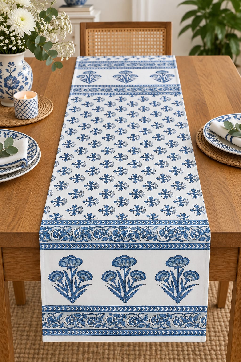 Ivory Blue Carnation Ditsy Hand Block Canvas Cotton Table Runner - Table Runner - ChapaSsyahii
