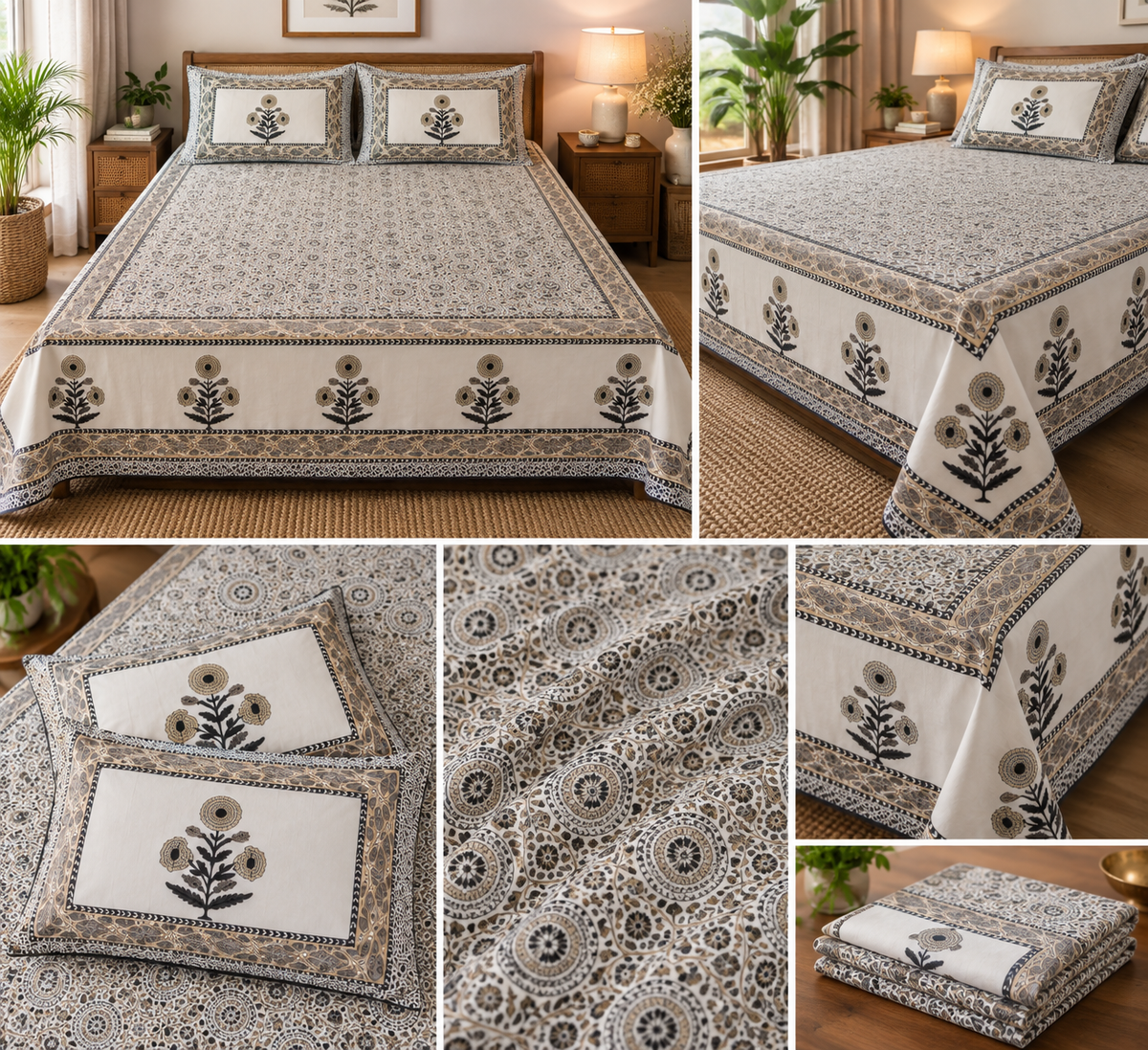 Taupe Sunflower Medallion Cotton King Size Bedsheet Set