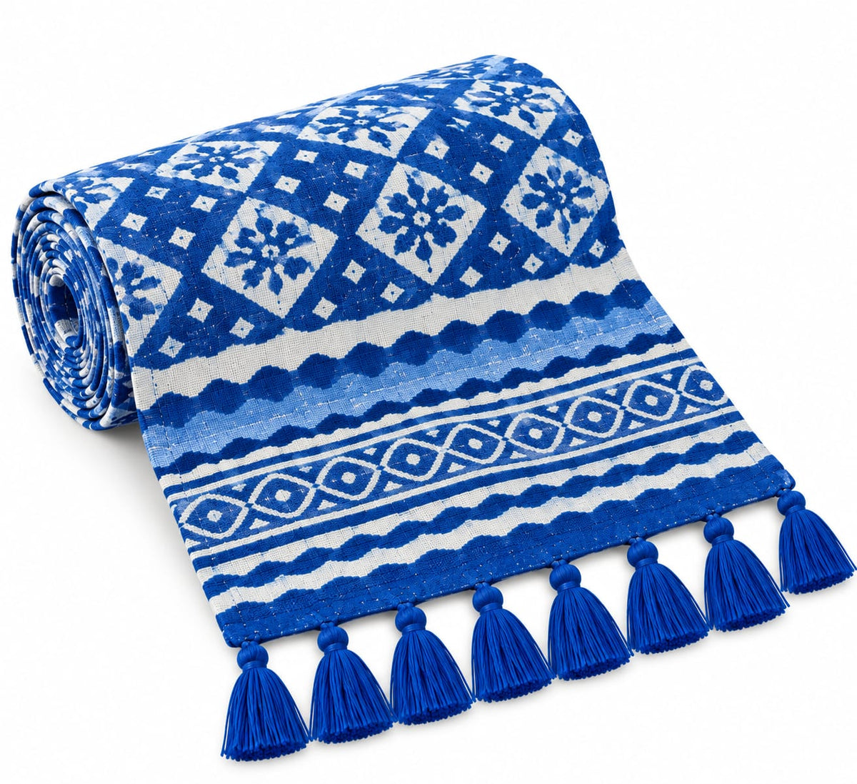 Blue Diamond Floral Trellis Hand Block Jute Table Runner - Table Runner - ChapaSsyahii