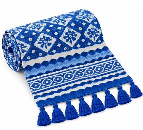 Blue Diamond Floral Trellis Hand Block Jute Table Runner - Table Runner - ChapaSsyahii