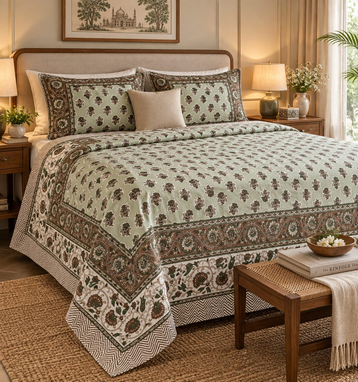 Sage Ditsy Floral Cotton King Size Bedsheet Set