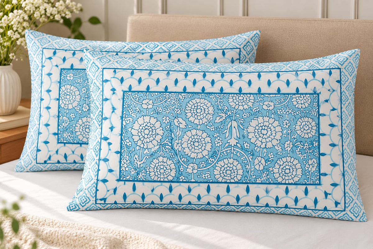 Sky Blue Marigold Scallop pillow covers close-up