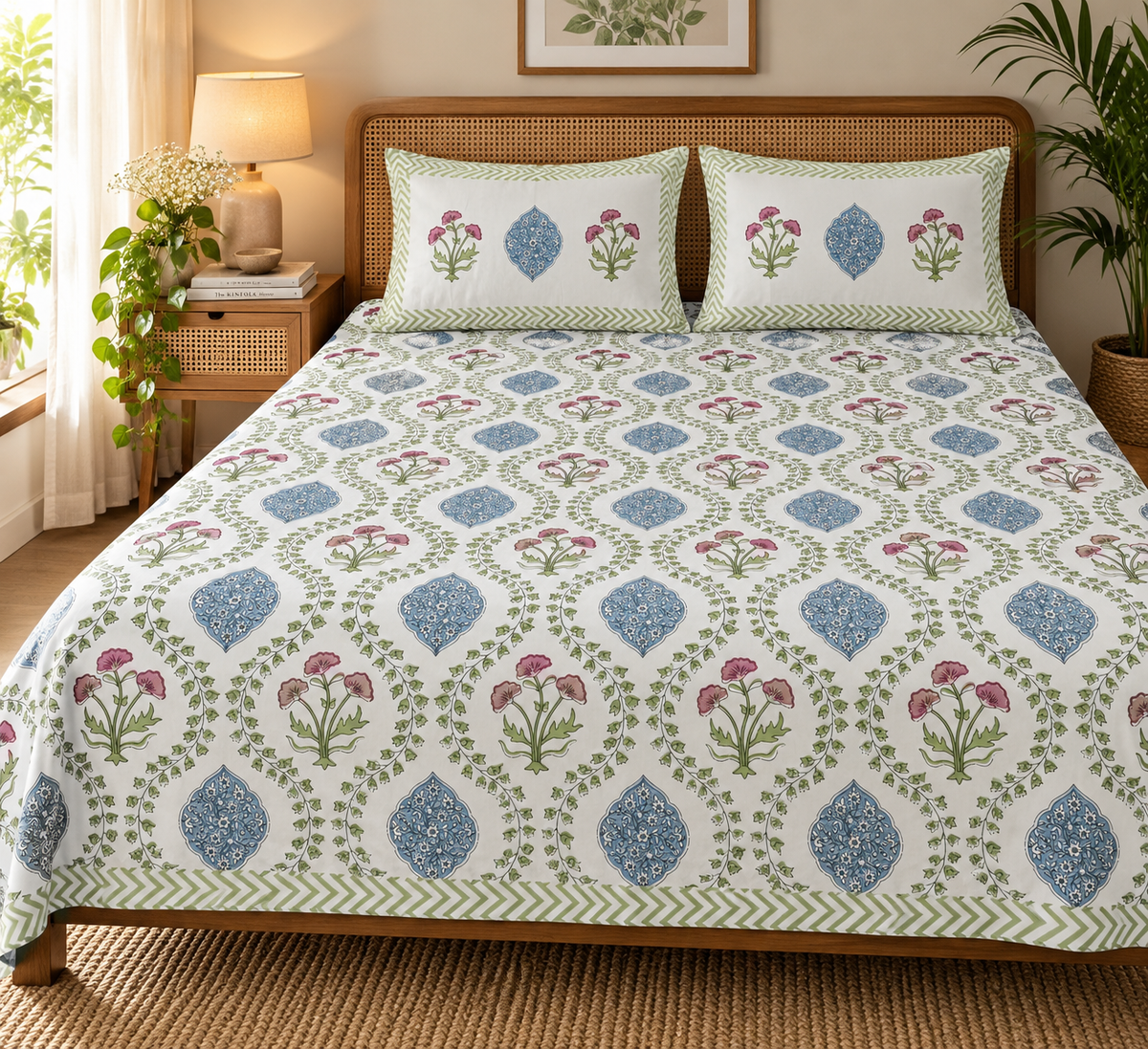 Ivory Pink Carnation Medallion Cotton King Size Bedsheet Set