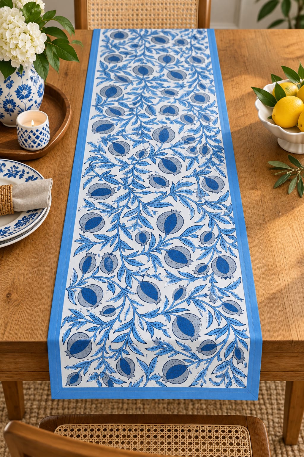 Blue Pomegranate Trellis Hand Block Canvas Cotton Table Runner - Table Runner - ChapaSsyahii