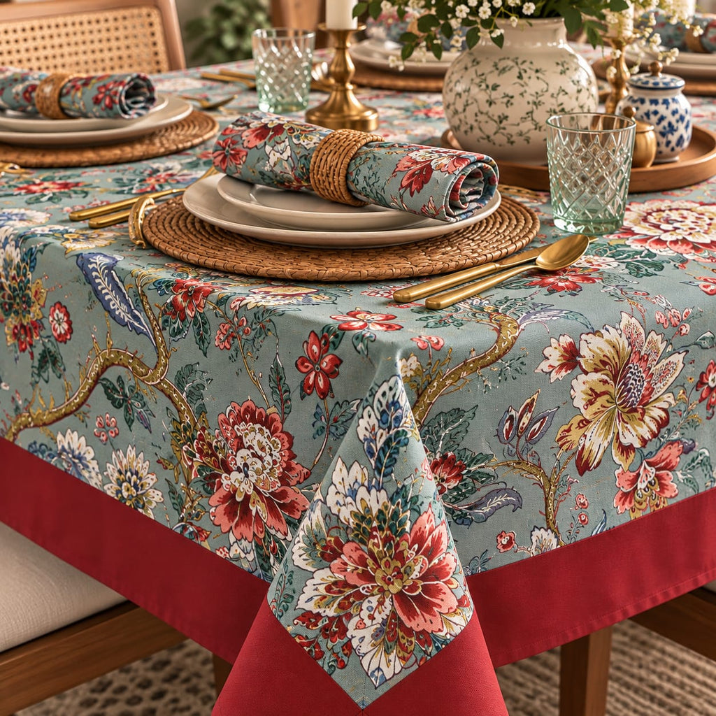 Teal Jacobean Bloom table cover close-up