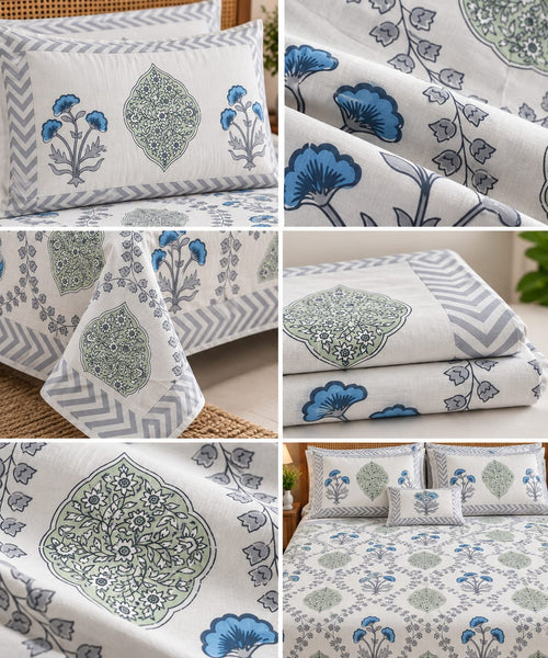 Blue Floral Trellis Cotton King Size Bedsheet Set