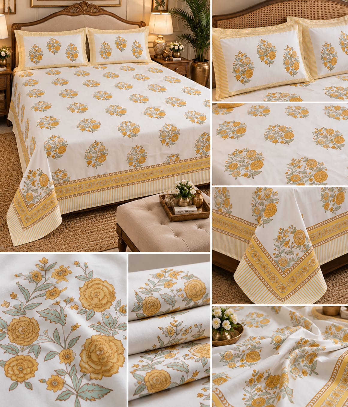 Mustard Rose Bouquet Handblock Cotton Super King Bedsheet folded set collage