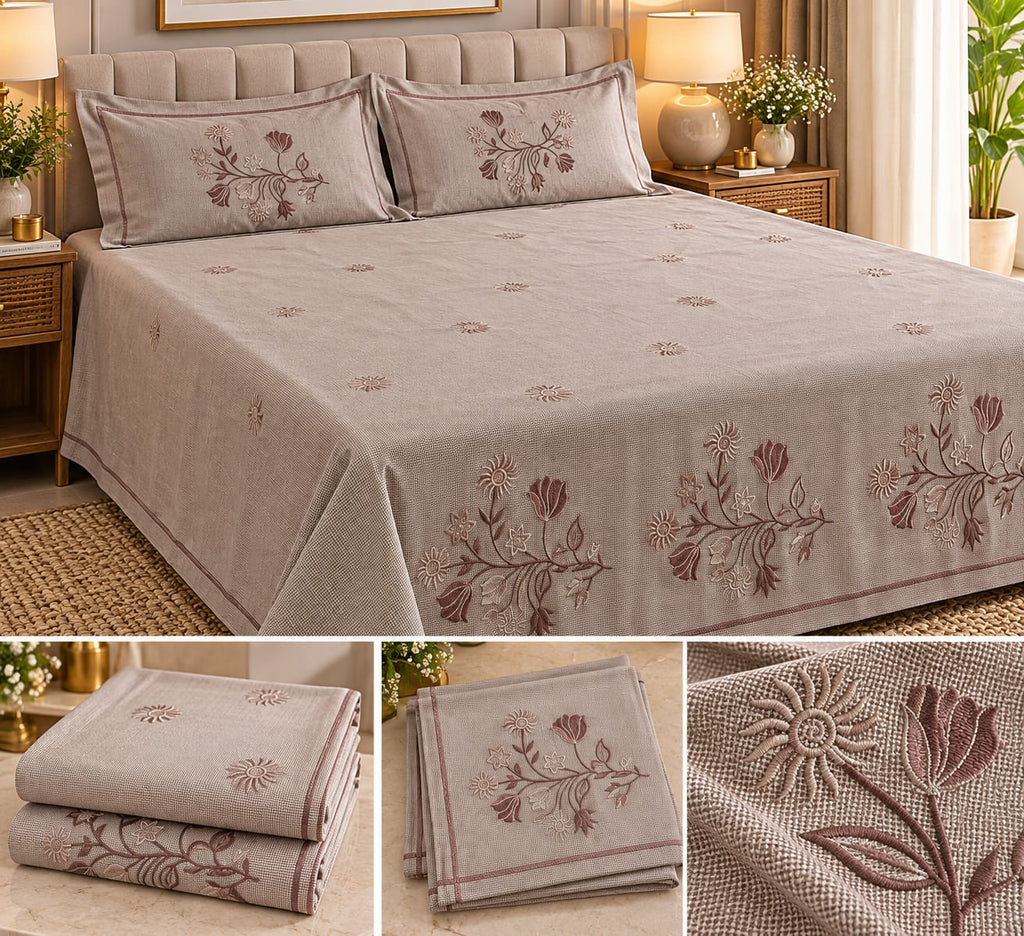 Vienna Rosewood Tulip embroidered king size bedsheet on bed
