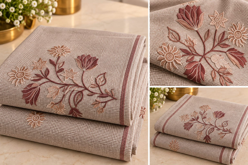 Vienna Rosewood Tulip folded bedsheet embroidery detail