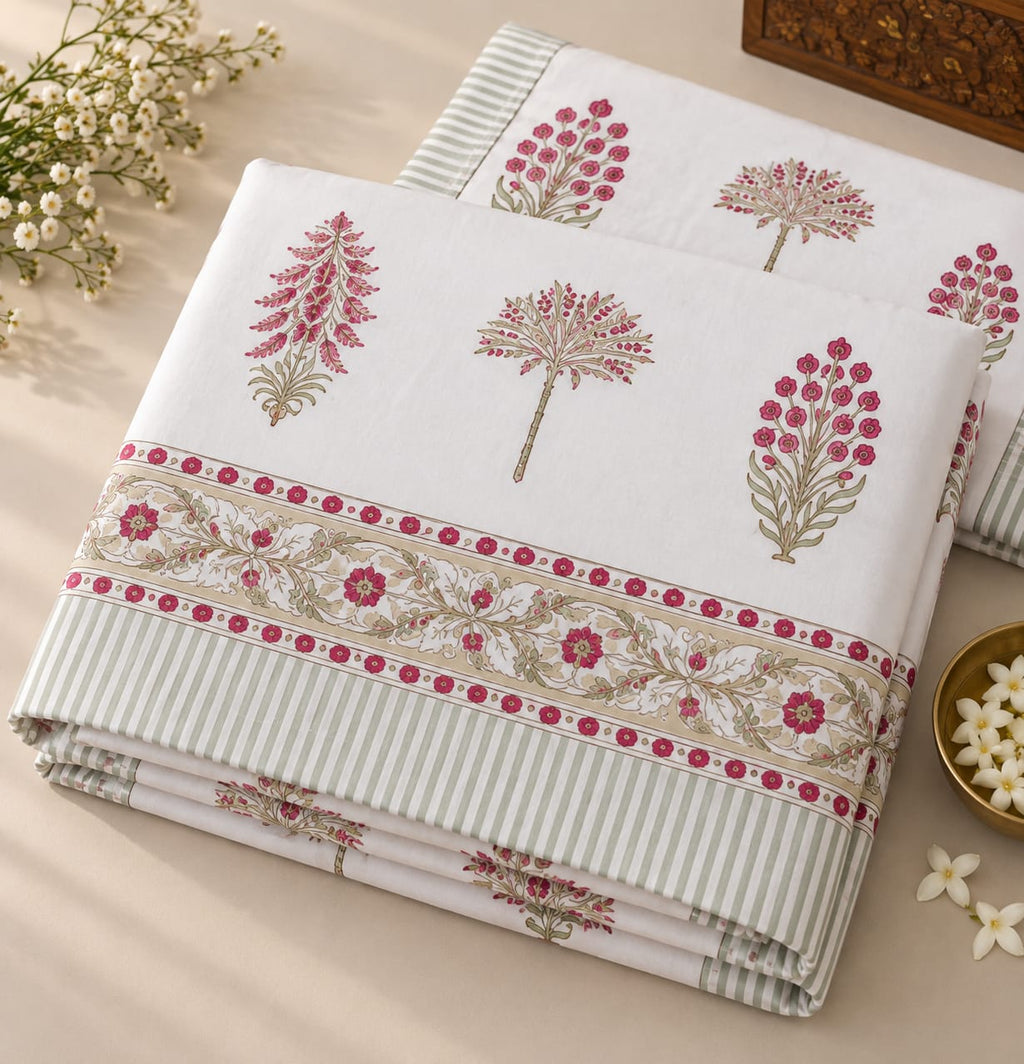 Pink Botanical Boota Handblock Cotton Super King Bedsheet 120x120 - folded set with pillow covers