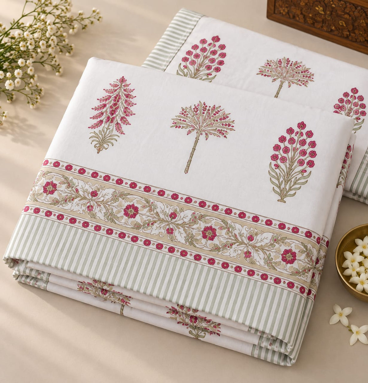 Pink Botanical Boota Handblock Cotton Super King Bedsheet 120x120 - folded set with pillow covers