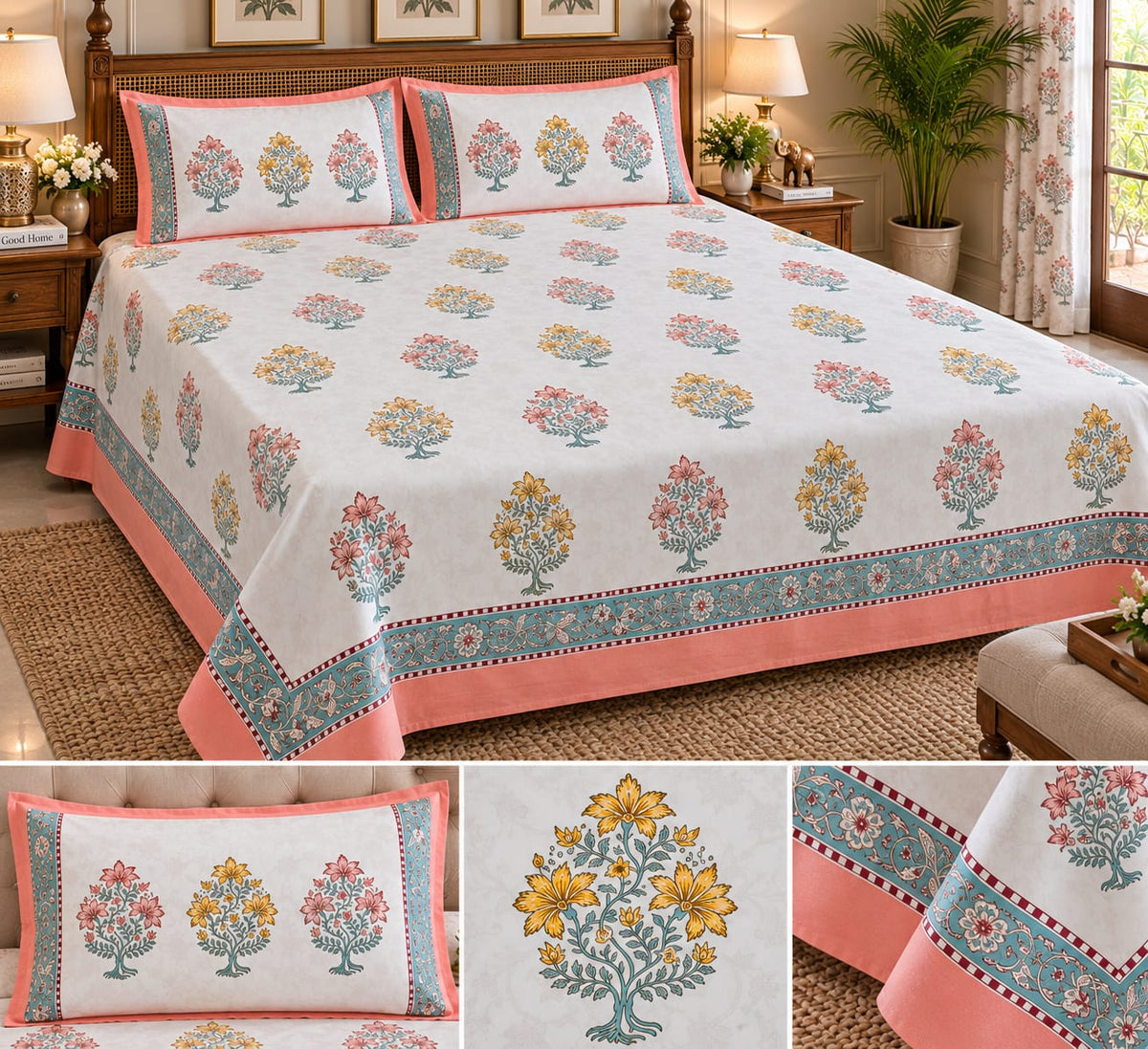 Coral Teal Floral Buta Handblock Cotton Super King Bedsheet 120x120 on bed with pillow covers