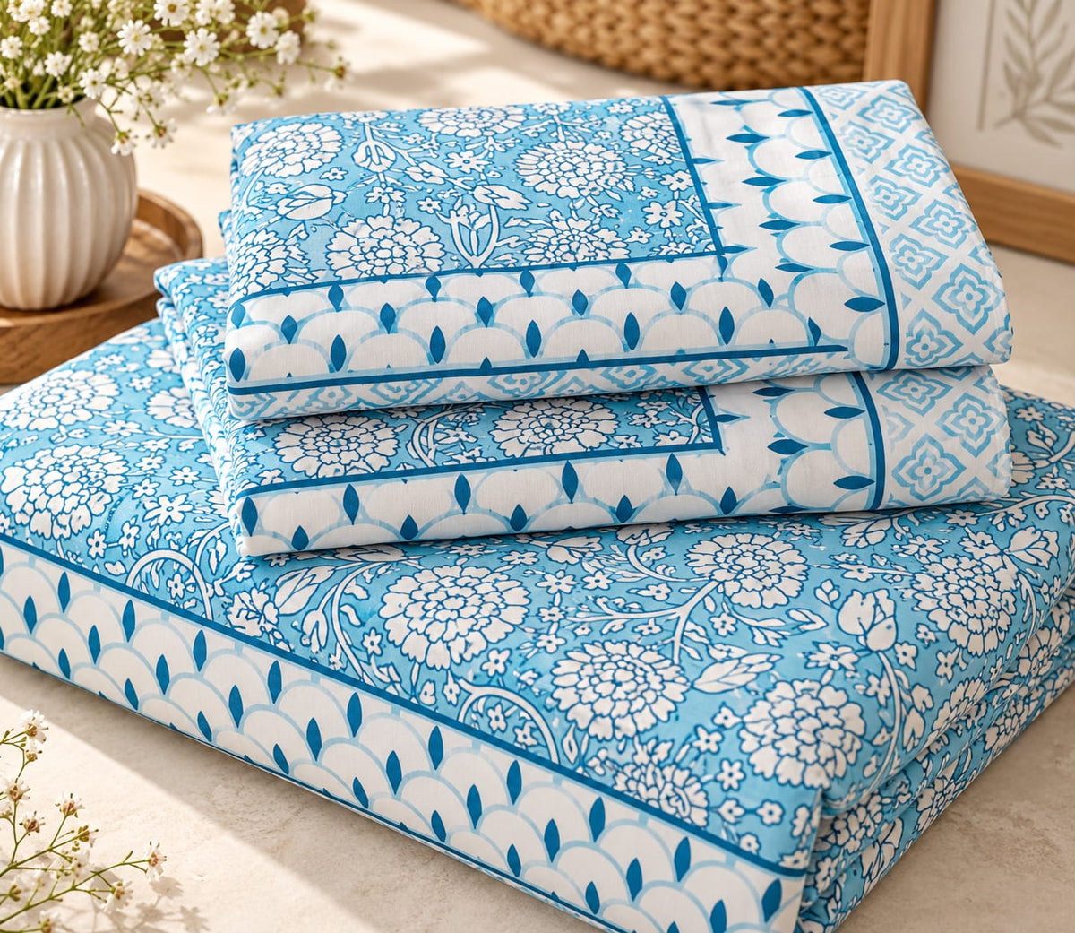 Sky Blue Marigold Scallop bedsheet set folded