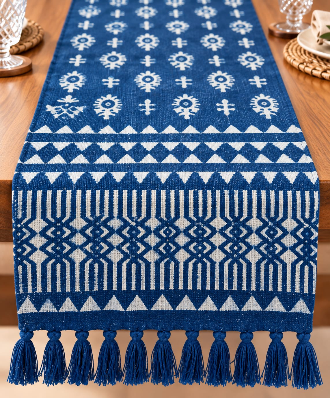 Indigo Aztec Motif Hand Block Jute Table Runner - Table Runner - ChapaSsyahii