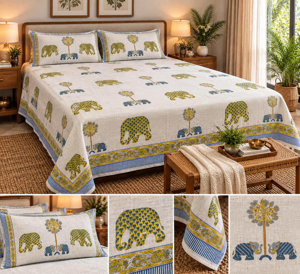 Royal Elephant & Palm bedcover on king bed with close-up of elephant motif and border