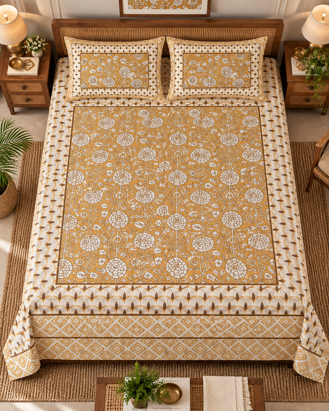 Golden Marigold Bloom Cotton King Size Bedsheet Set
