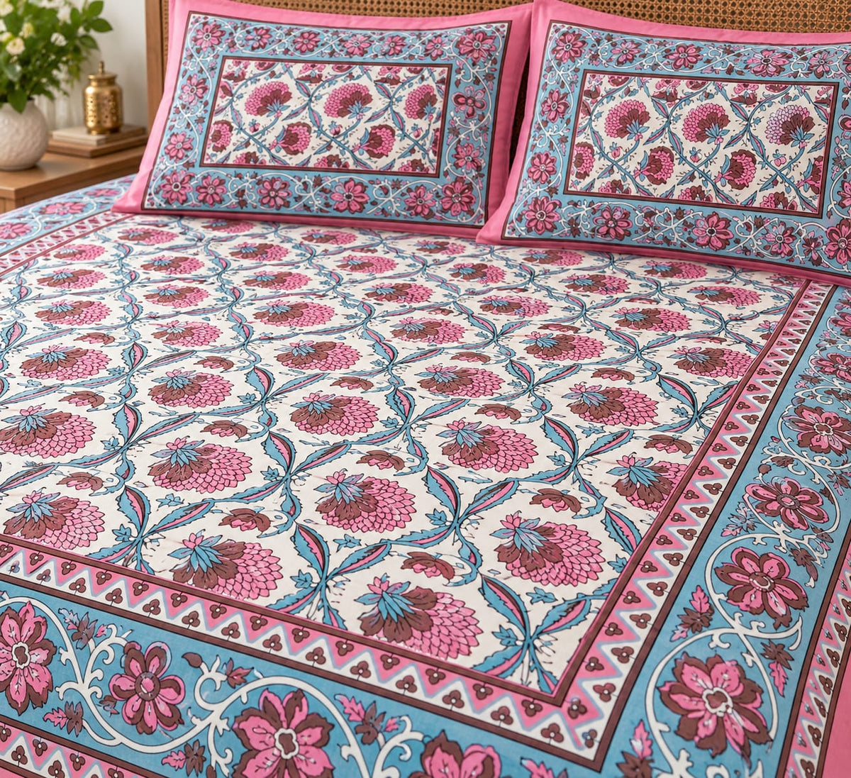 Pink Aqua Carnation Trellis bedsheet close-up