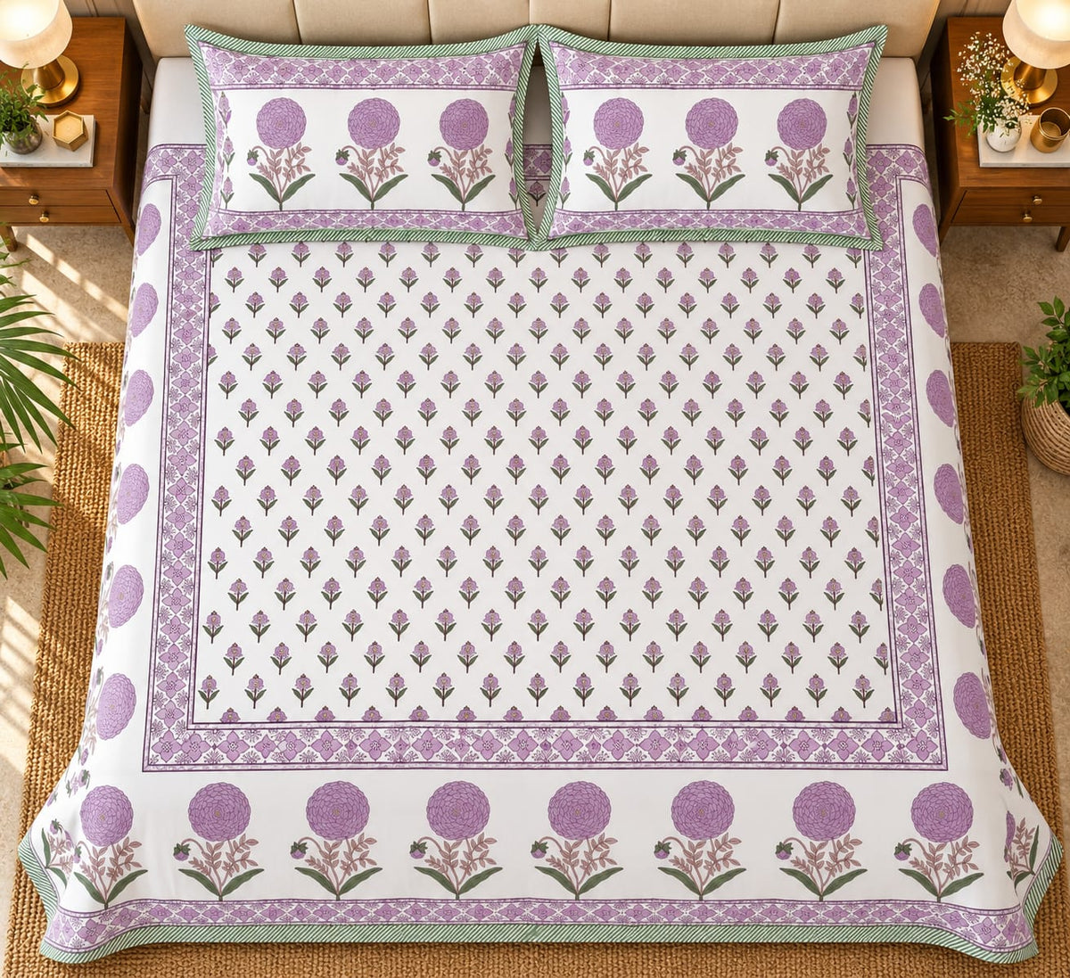 Lavender Genda Heritage Border 210 TC Cotton Bedsheet by ChapaSSyahii