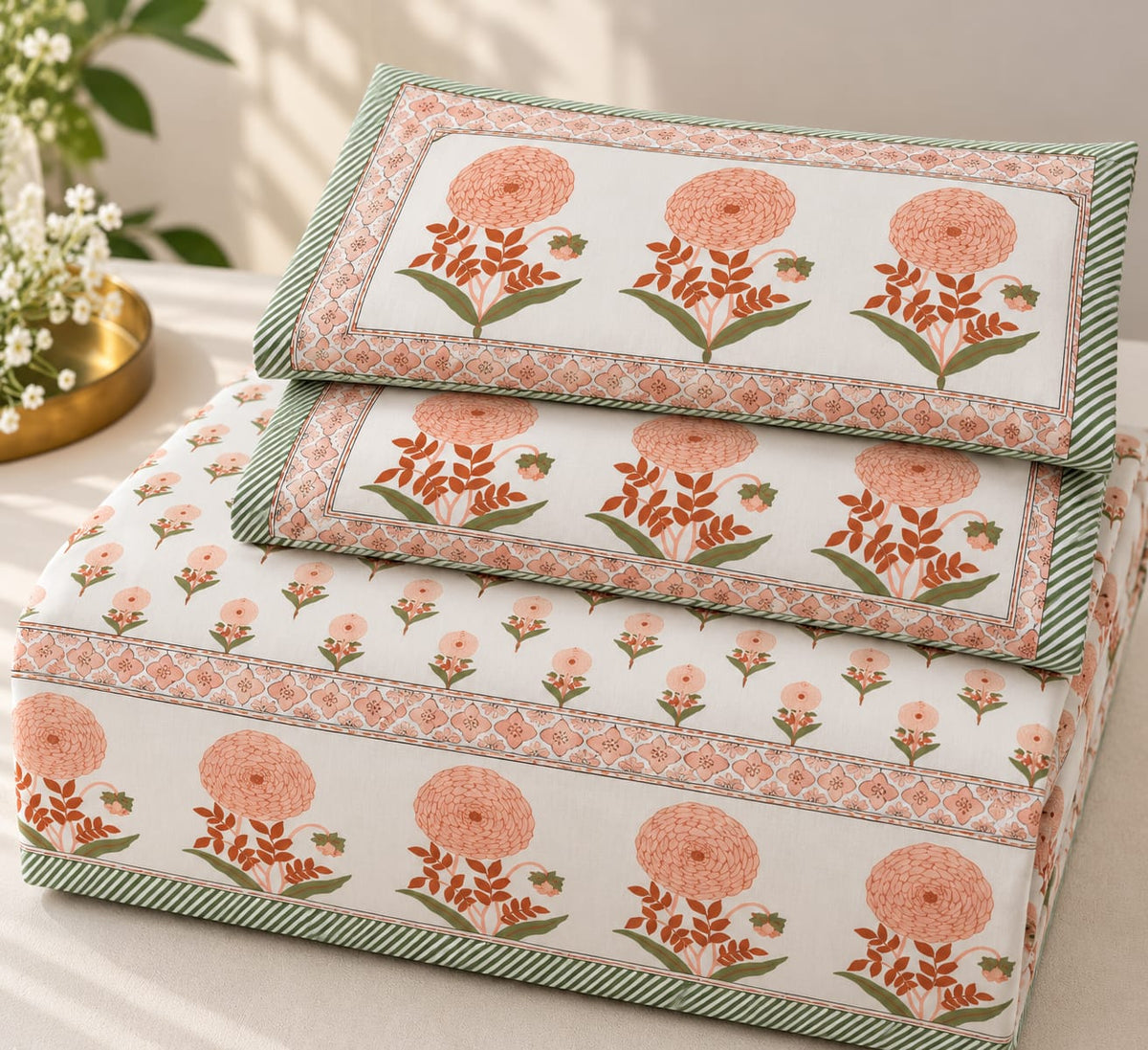 Peach Genda Heritage Border 210 TC Cotton Bedsheet by ChapaSSyahii