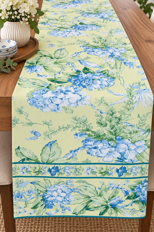 Butter Yellow Hydrangea Hand Block Canvas Cotton Table Runner - Table Runner - ChapaSsyahii