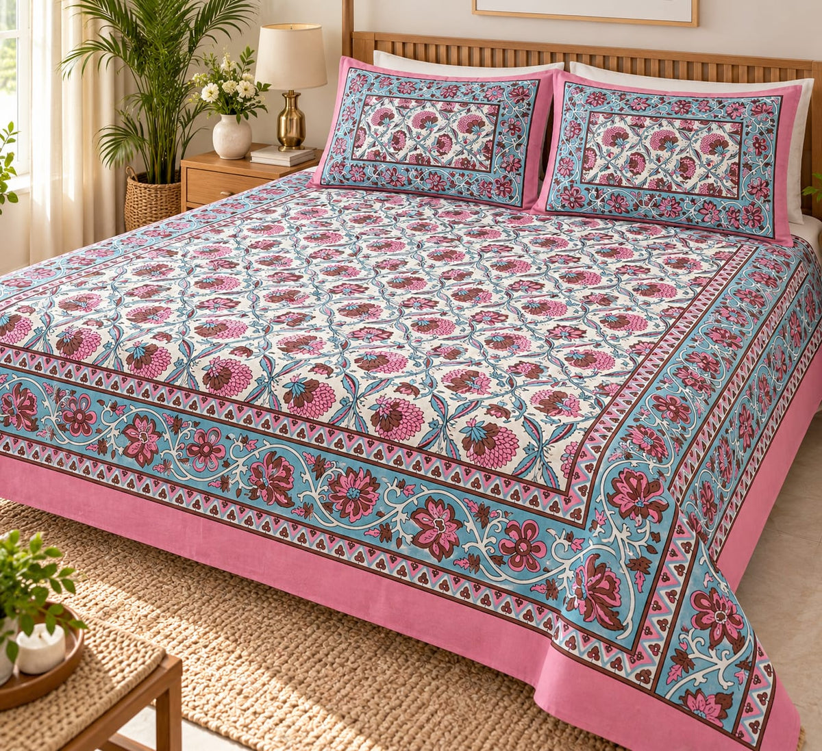 Pink Aqua Carnation Trellis bedsheet on bed