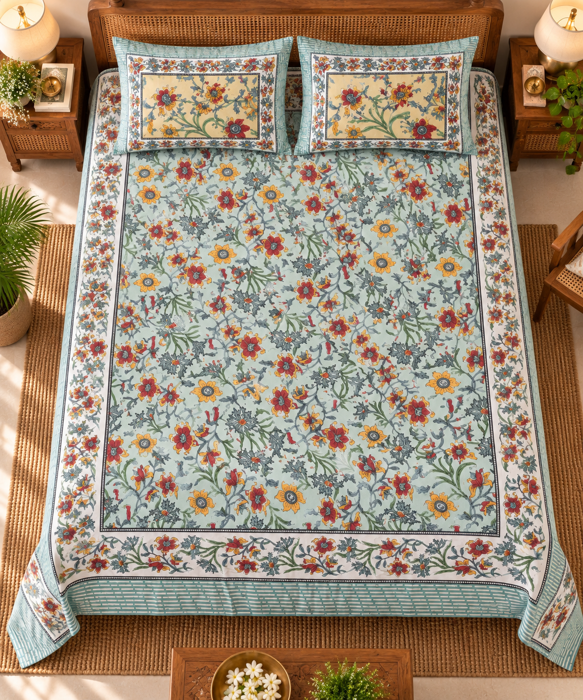 Sage Floral Garland Cotton King Size Bedsheet Set
