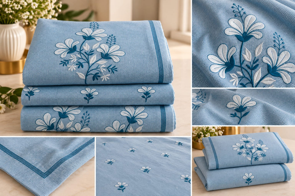 Santorini Sky Blossom folded bedsheet embroidery detail