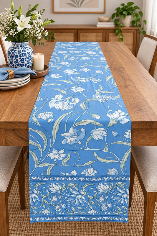 Blue Floral Trail Hand Block Canvas Cotton Table Runner - Table Runner - ChapaSsyahii