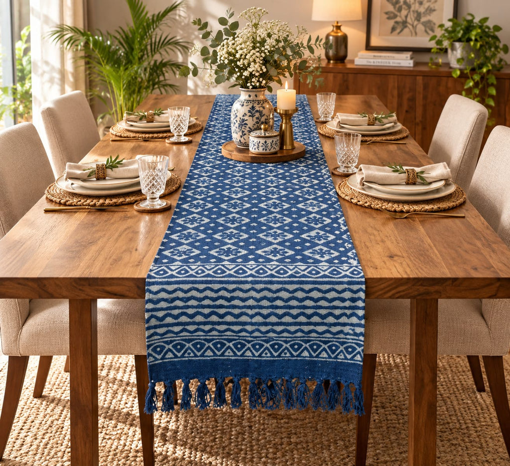 Blue Diamond Floral Trellis Hand Block Jute Table Runner - Table Runner - ChapaSsyahii