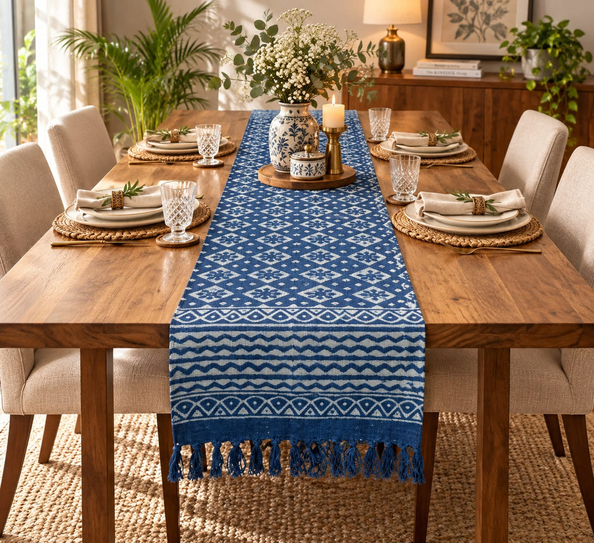 Blue Diamond Floral Trellis Hand Block Jute Table Runner - Table Runner - ChapaSsyahii