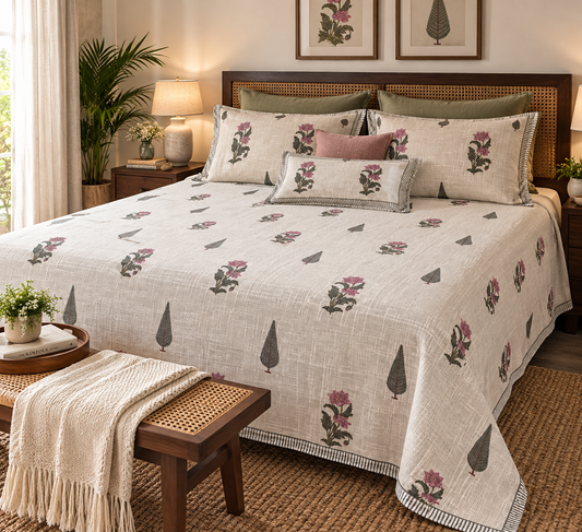 TNT Cotton Jute King Size Bedcover with Mauve Meadow handblock print in dusty mauve and grey